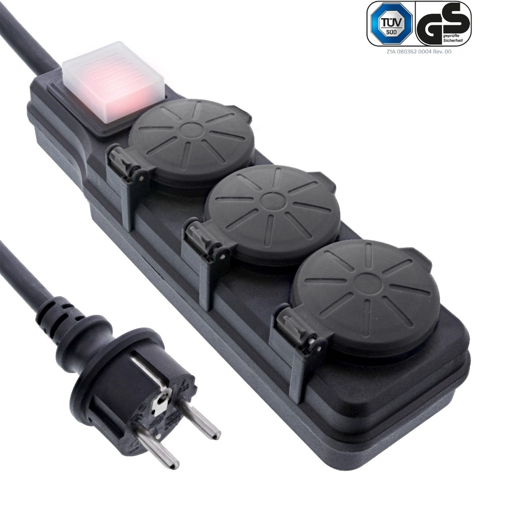 InLine 3-Port Outdoor Schuko Power Strip Black 3m (16493O)
